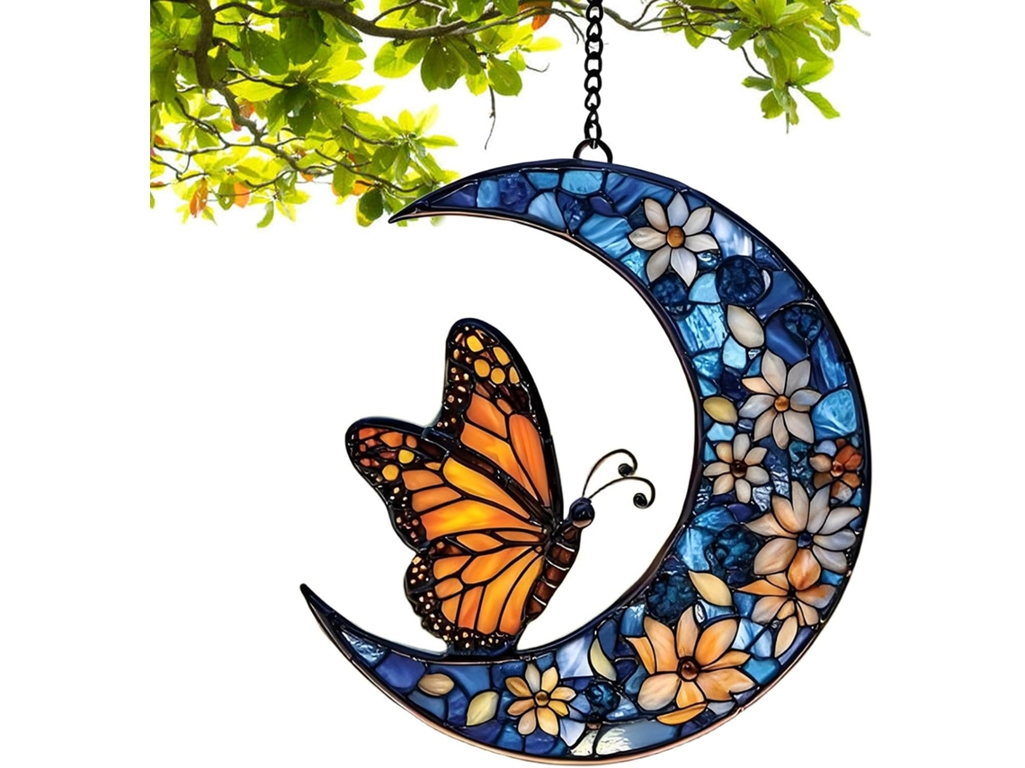 Apanhador de Sol Lua com Borboleta e Flor Apanhador de Sol Acrílico Lua Floral Elegante com Borboleta Monarca CHABERLU