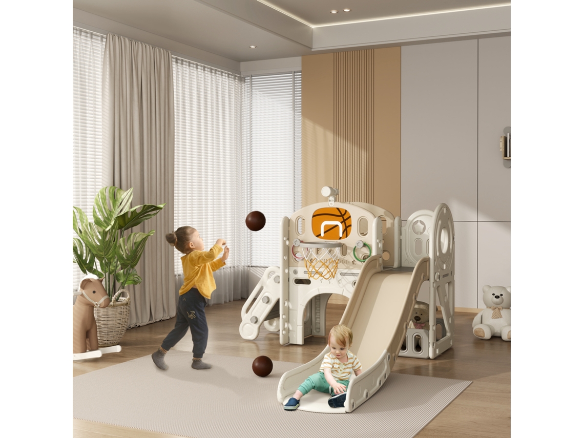 Estrutura de Jogos Infantis 7 em 1 para Playground Interno, Escorregador com Túnel e Armazenamento, 186x153x111 Cm, Creme