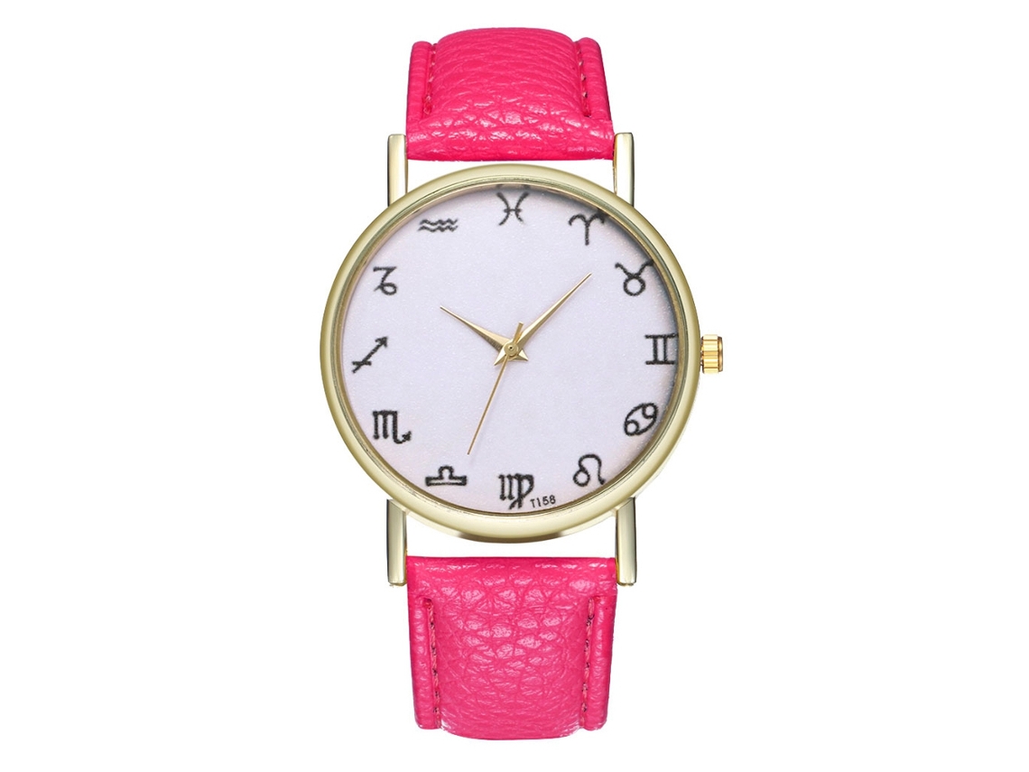 Relógio esportivo unissex com pulseira de couro, movimento de quartzo, nas cores vermelho e rosa.