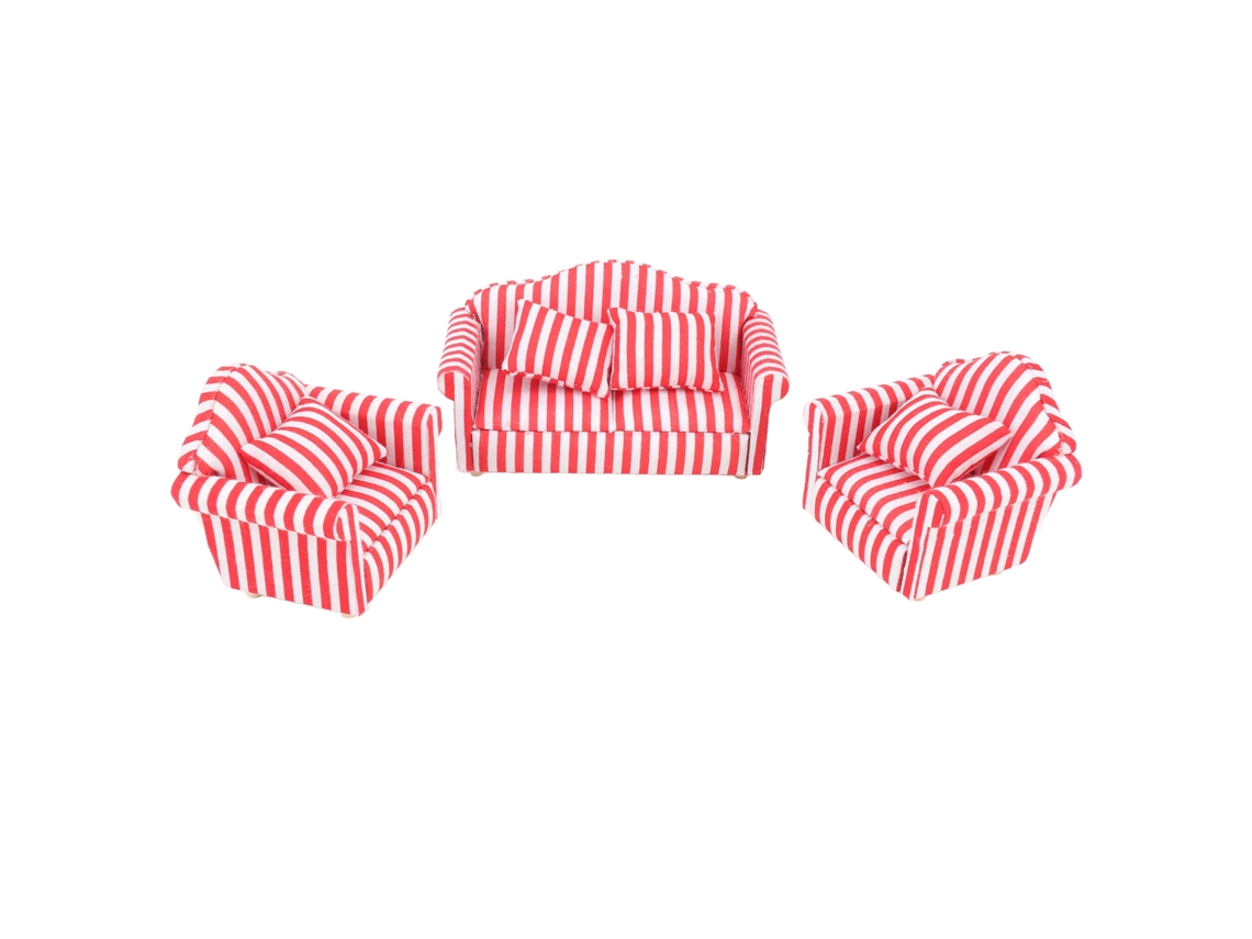 Rebe-3 Peças De Sofá Em Miniatura Para Casa De Bonecas 1:12, Sofá Duplo E 2 Sofás Individuais Com Listras Claras, Vermelho
