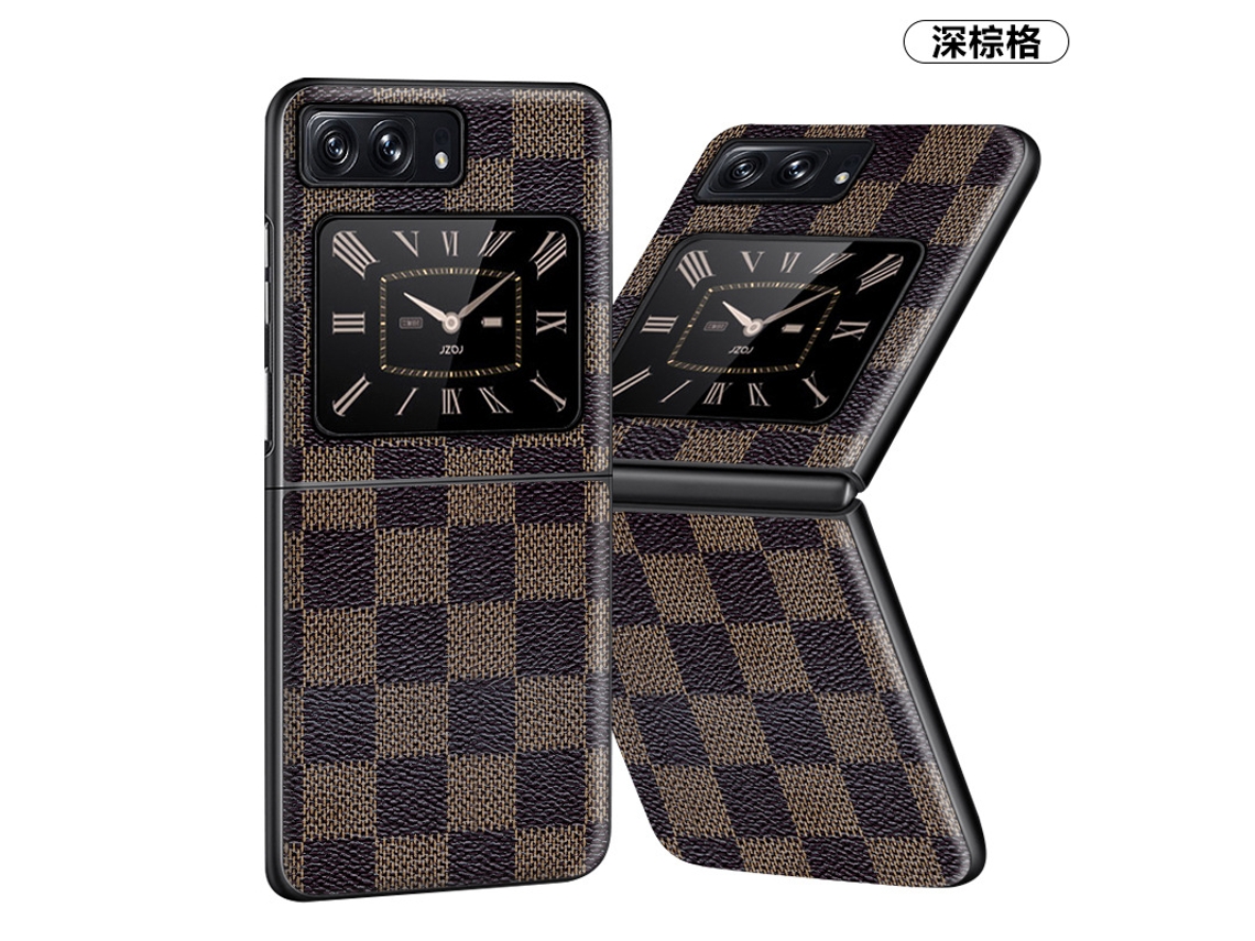 Capa De Celular Em Couro Anti-impressão Digitalxadrez Marrom Escuro - Conjunto De Duas Peças Para Moto Razr 50/razr 2024