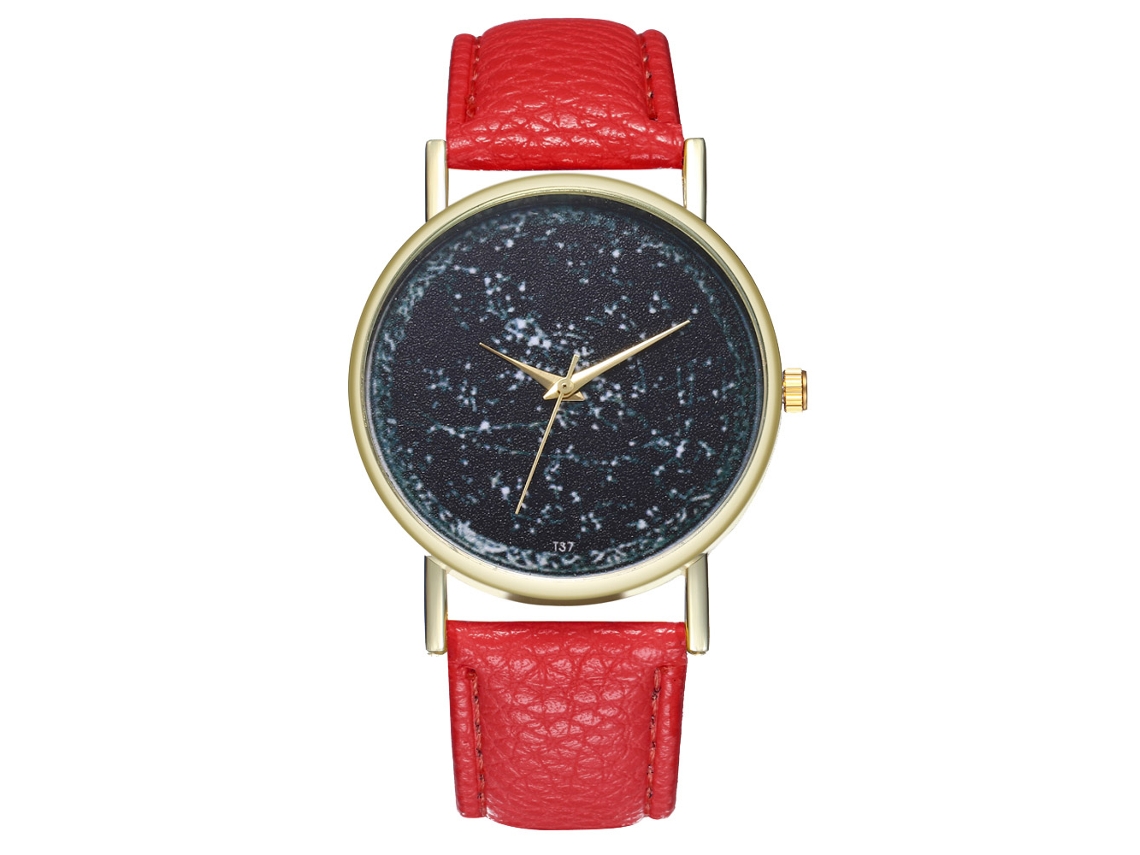Relógio de quartzo com pulseira de couro PU, mostrador moderno, unissex, vermelho.