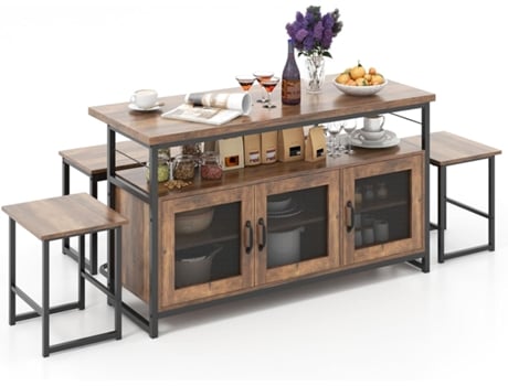 Conjunto Ilha De Cozinha Para 4 Pessoas Com 3 Bancos E Prateleiras Ajustáveis Em 3 Posições, Mobiliário De Cozinha E Sala De Jantar Costway