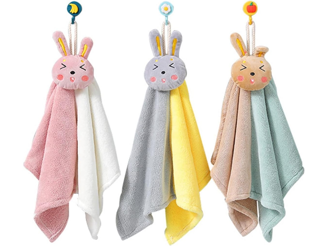 Conjunto de 3 Toalhas Fofas com Estampa de Coelho e Alça para Pendurar, Infantis para Cozinha e Banheiro AQUAFORGE
