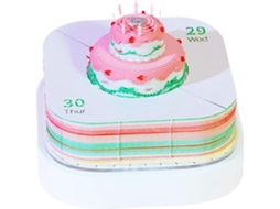 Calendário 3D com exibição das 2026 horas e bloco de notas com páginas destacadas da VAYOTOY.
