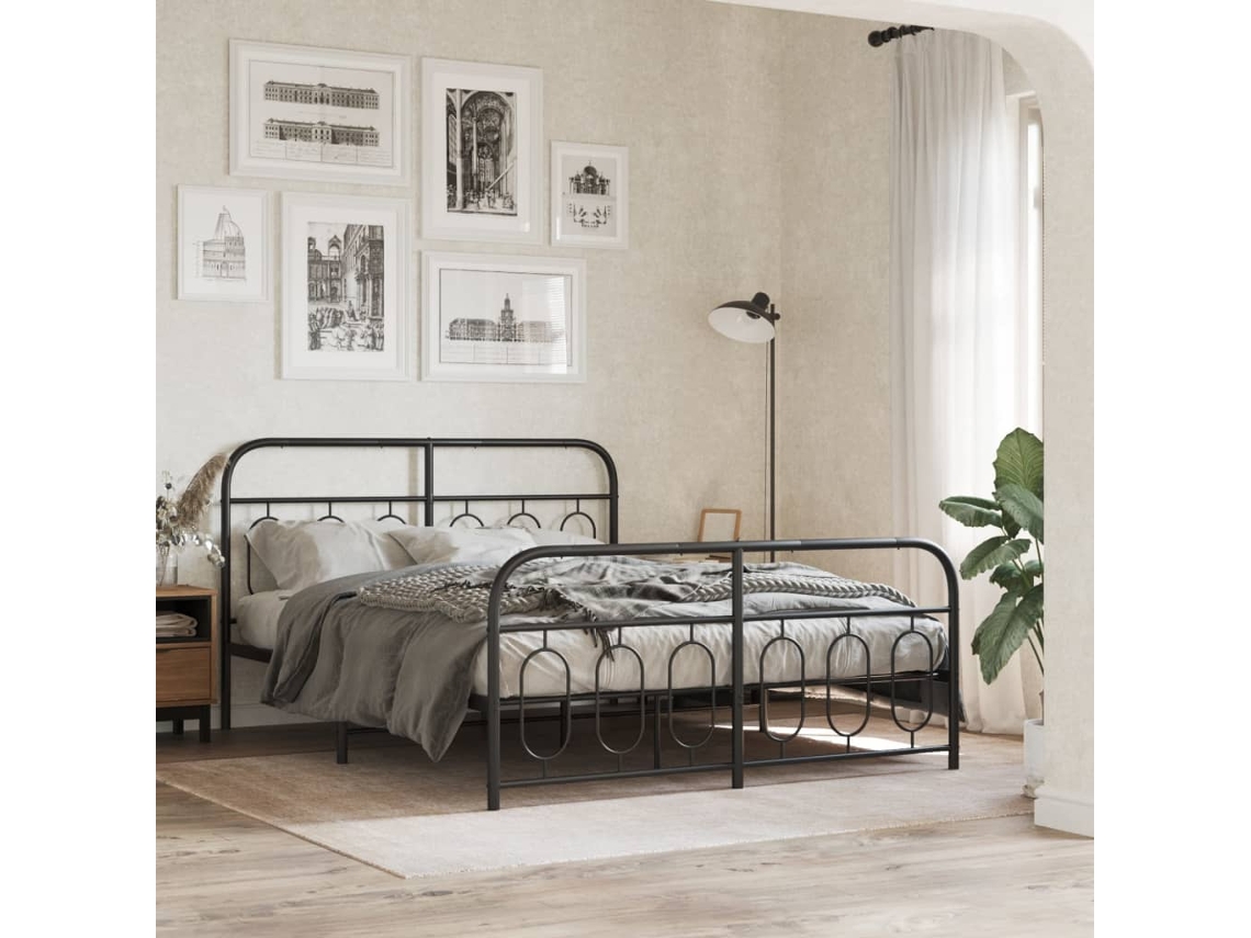 Cama De Casal | Camas Para Quarto | Estrutura De Cama Com Cabeceira E Pés 150x200 Cm Metal Preto