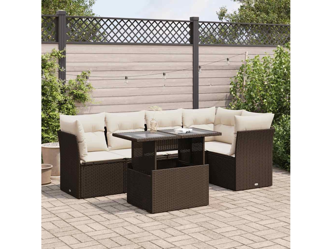 Vidaxl 6 Pcs Conjunto De Sofás Jardim C/ Almofadões Vime Pe Castanho
