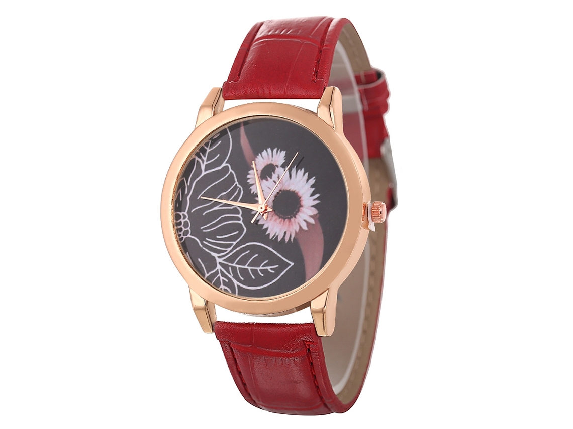 Reloj De Cuarzo De Piel Pu Para Mujer Y Hombre Con Dial Redondo Y Patrón Floral Rojo
