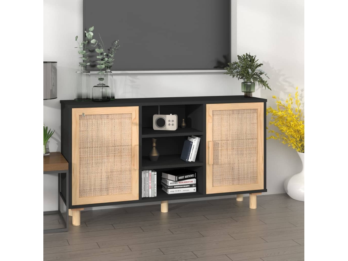 Aparador | Buffet | Armário De Apoio 105x30x60 Cm Pinho Maciço/vime Natural Preto Wsd309994 Lovely Home