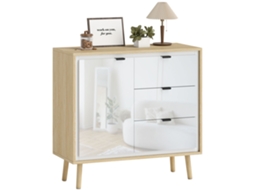 Aparador moderno BTFORUS para sala de estar com 3 gavetas e prateleira ajustável, 80x35x77 cm, nas cores Branco Brilhante e Carvalho.