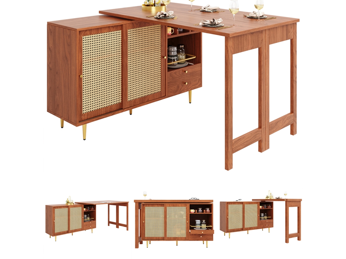 Mesa Giratória 360° Mesa Ajustável Em Marrom Com Armário De Vime E Prateleira Aberta Btforus (corpo Principal 107 X 40 X 71,4 Cm)