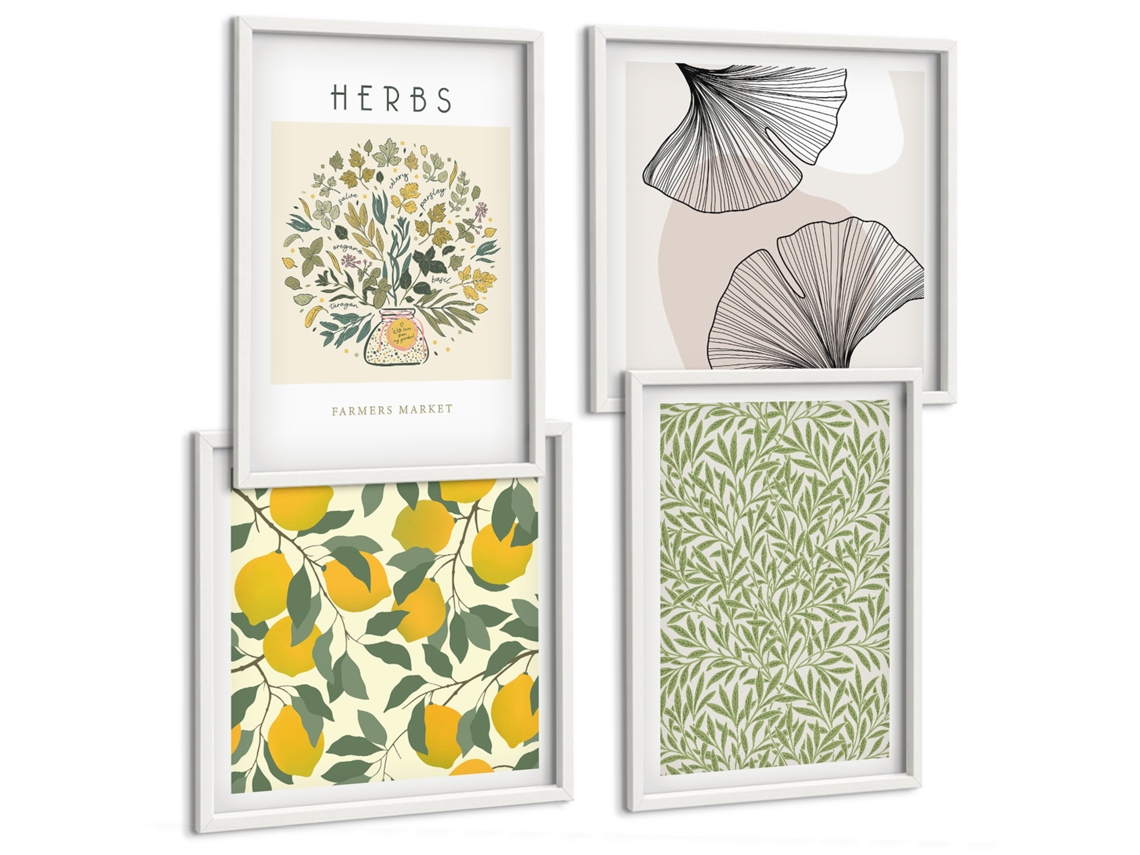 Quadros Decorativos Para Parede Limões Com Ervas E Folhas Moldura Branca Pinturas De Quarto Espelharte (conjunto De 4 Imagens)