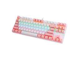 Teclado Mecânico Com Fio Bajeal De 87 Teclas Com Interruptor Azul, Luz Mista E Botão De Suspensão Branco+rosa