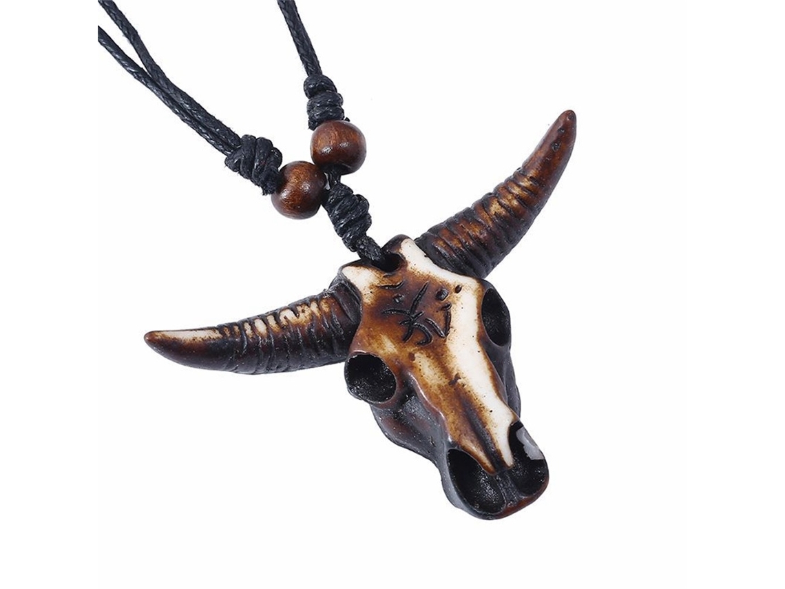 Colar Masculino Pingente Cabeça De Touro Resina Corda De Cera