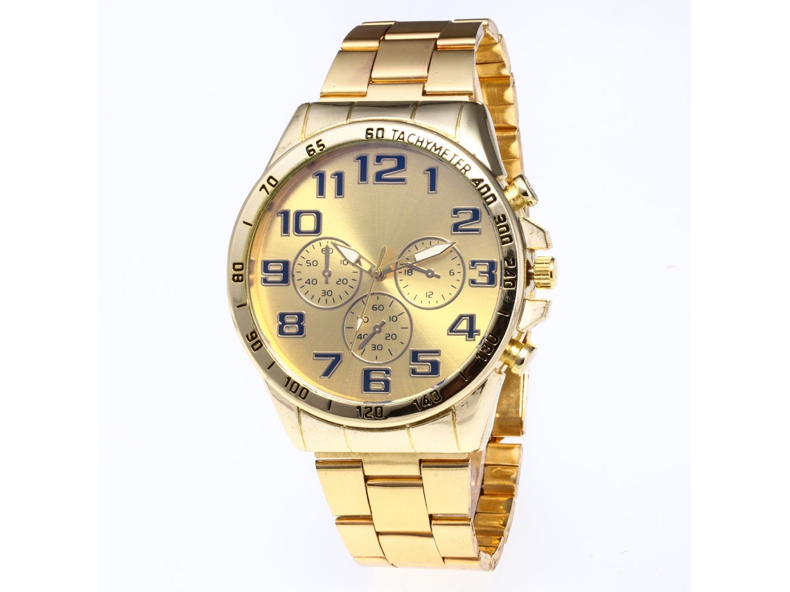 Relógio de pulso masculino elegante com pulseira de aço, mostrador redondo, quartzo (dourado)