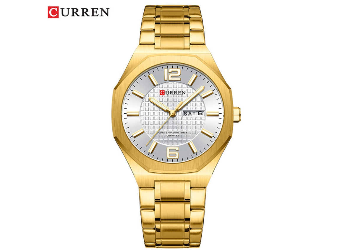 Relógio de Quartzo À Prova D'água, Pulseira de Aço, Calendário, Modelo Octogonal, para Homens, Estilo Simples e Moderno MDUG (branco Dourado)