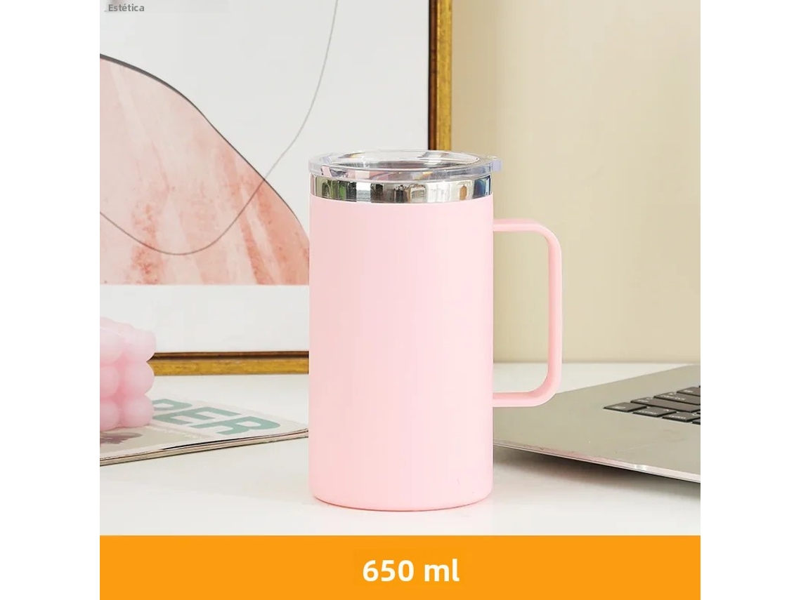 Caneca de Café em Aço Inoxidável 304 , 650 Ml, com Alça e Tampa, Garrafa de Água com Isolamento de Parede Dupla. MDUG (rosa)