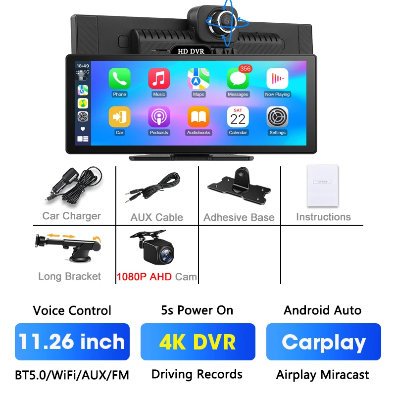Câmera Veicular Dupla De 11,26 Polegadas Com Carplay Sem Fio 4k