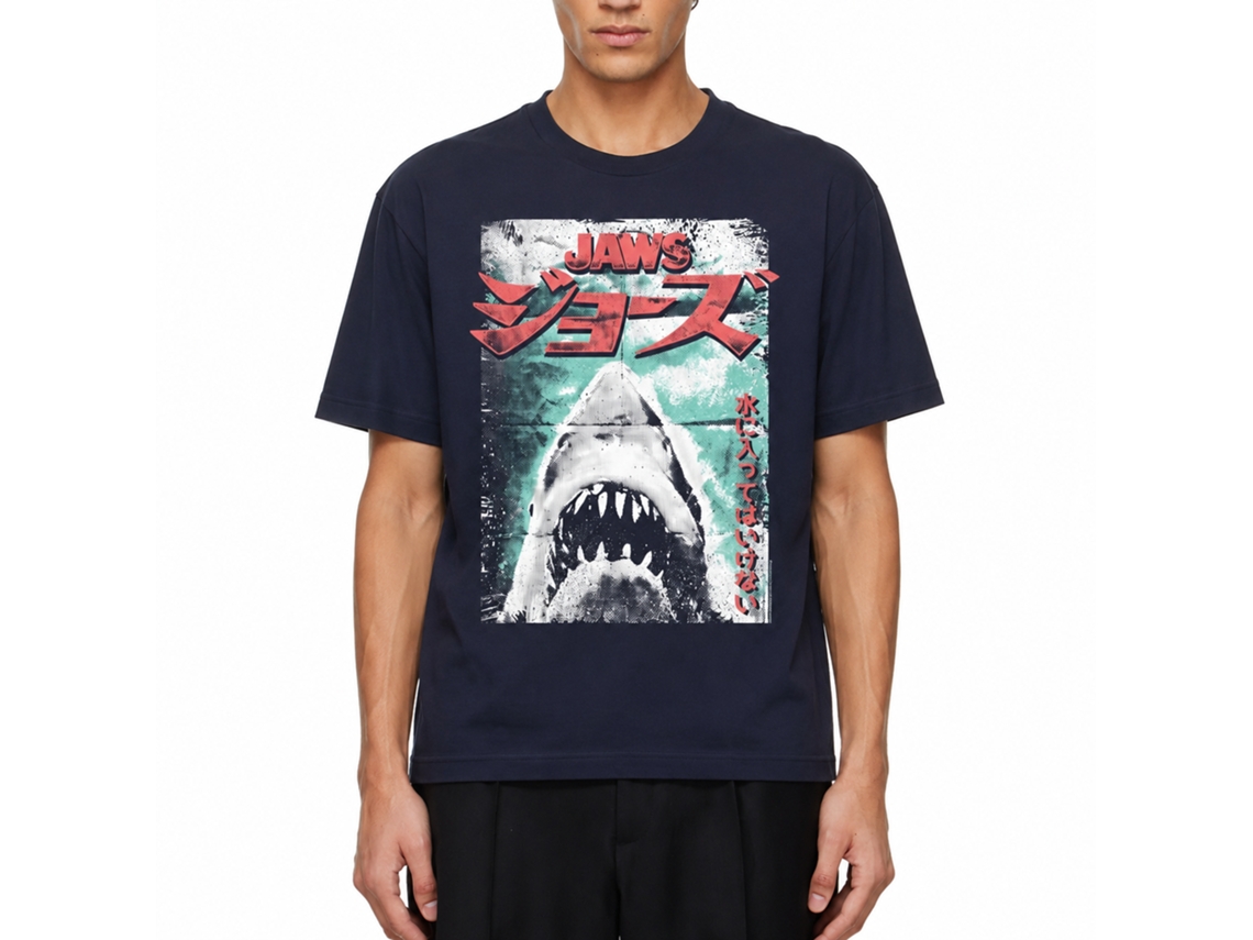 Rockinstone Jaws Movie Worn Japanese Poster Navy Adult T-shirt Size:s