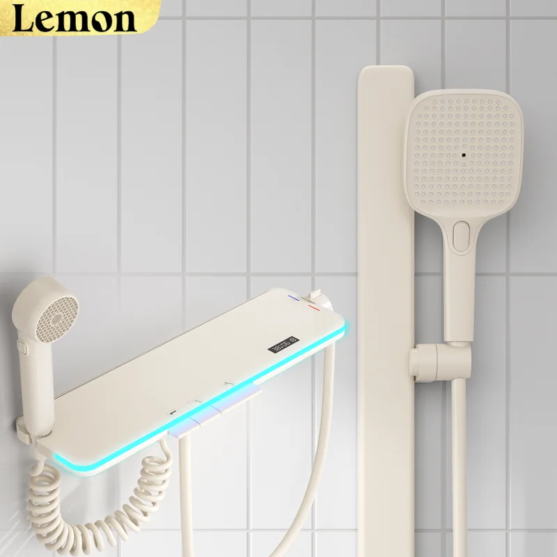 Conjunto De Chuveiro Termostático Inteligente (branco-creme) Com Iluminação Ambiente E Visor Digital Com Botões Tipo Piano.