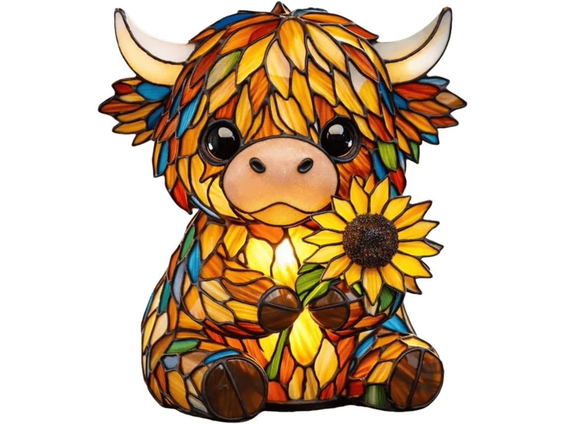 Abajur Artesanal Em Forma De Vaca Das Terras Altas Com Girassol,