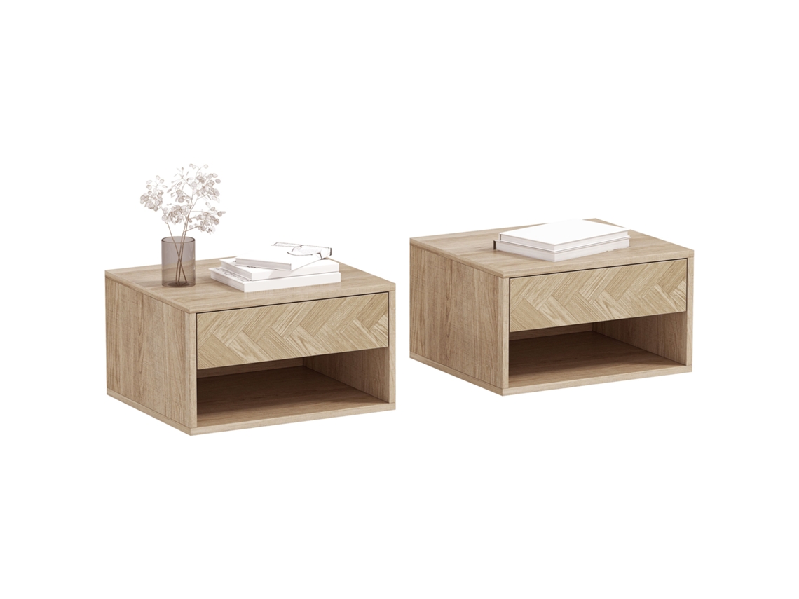 2 Comodini Sospesi Moderni com Gaveta e Compartimento Aberto 37x32x21 Cm madeira Natural BTFORUS