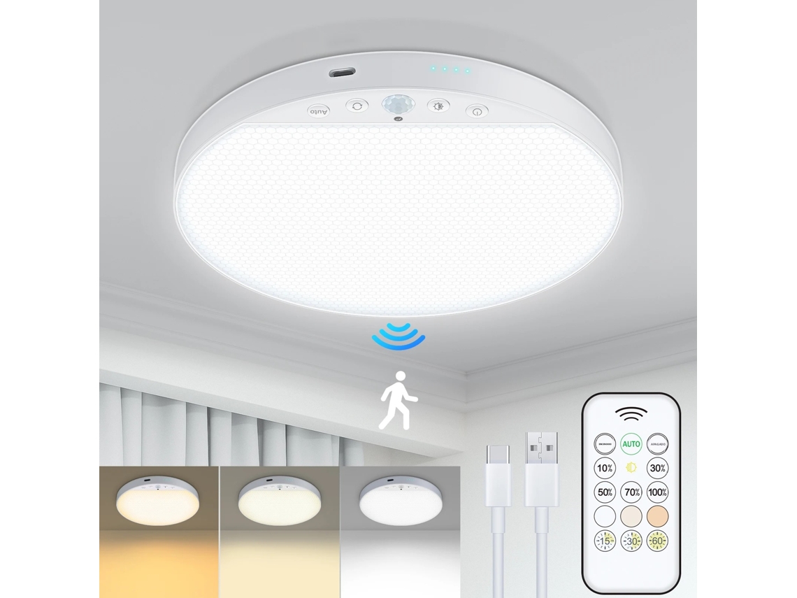 Luminária De Teto Recarregável (redonda, 6w) Com Sensor De Movimento E Controle Remoto, Bateria De 5000mah.