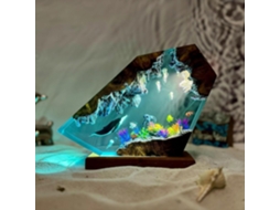 Luminária Noturna Oceano Em Resina Epóxi Com Base De Madeira Leds Cor