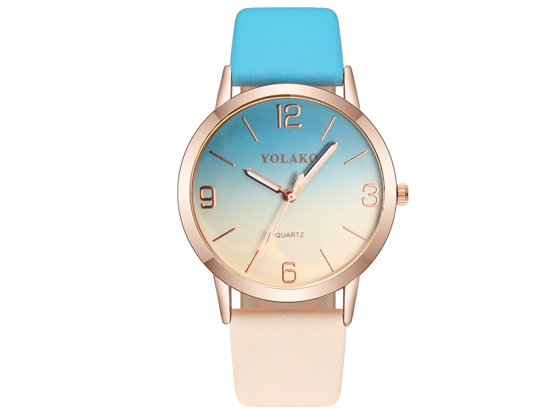 Relógio de Pulso Feminino Fashion Gradiente Azul Bege Pulseira de Couro Pu