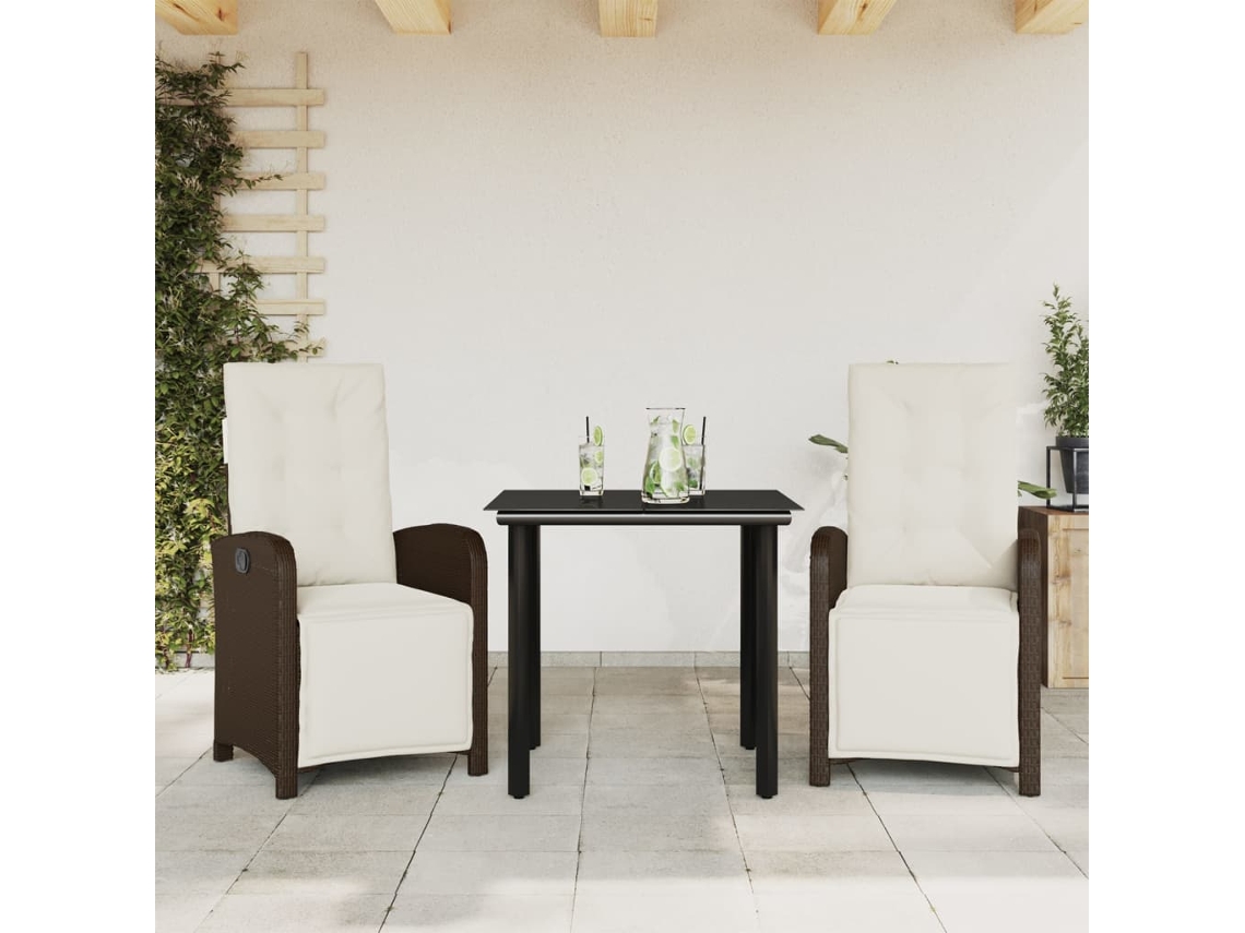 Vidaxl 3 Pcs Conjunto Bistrô Com Almofadões Vime Pe Castanho