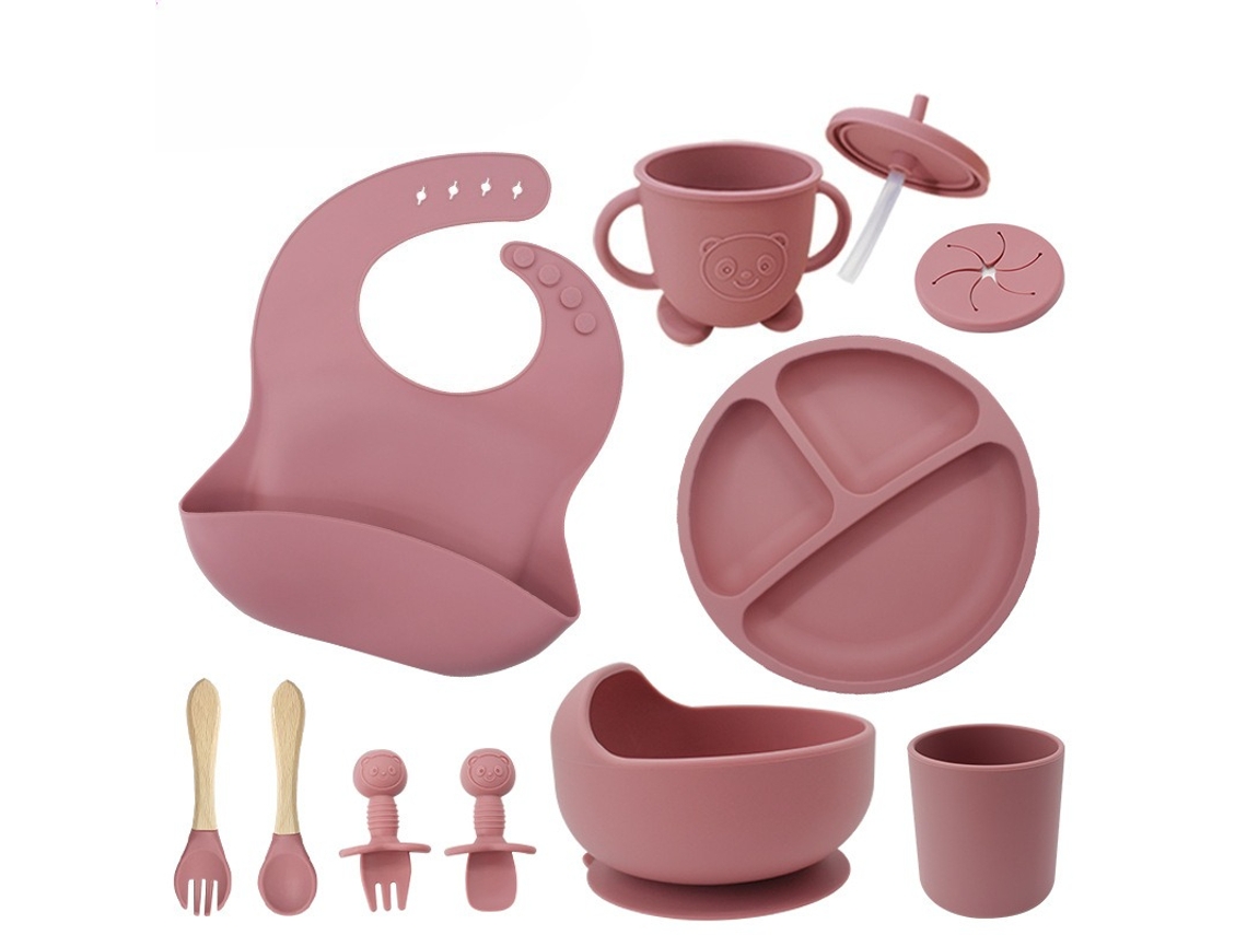 Conjunto de Utensílios de Silicone para Alimentação Infantil, com Ventosas na Base, 10 Peças Vermelho PANOONA