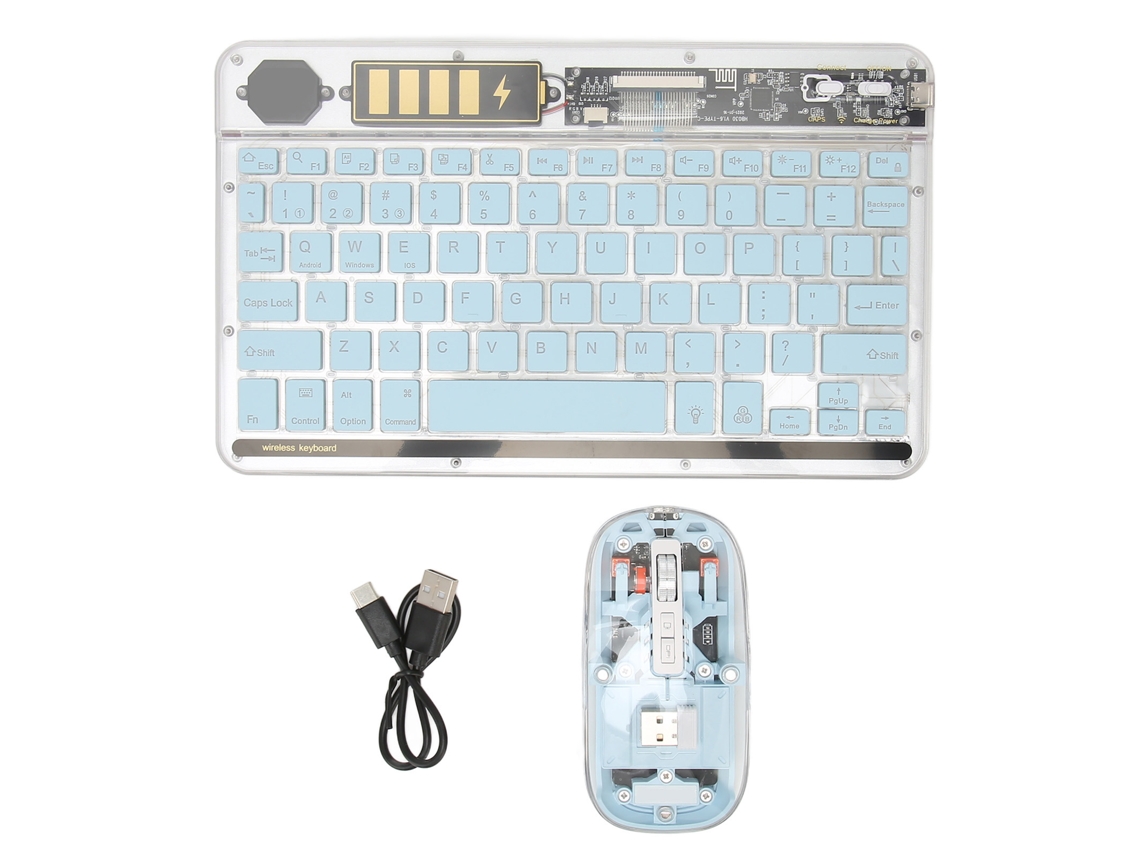 Combo Teclado E Mouse Sem Fio Transparente Com Iluminação 3 Modos Conexão Para Tablet Pc Celular Azul