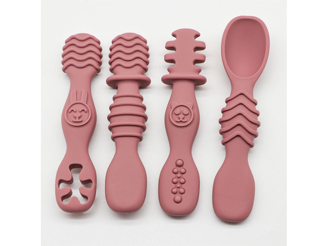 (rosa) Conjunto De 4 Colheres De Silicone Para Bebês, Adequadas Para Bebês A Partir De 6 Meses De Idade.