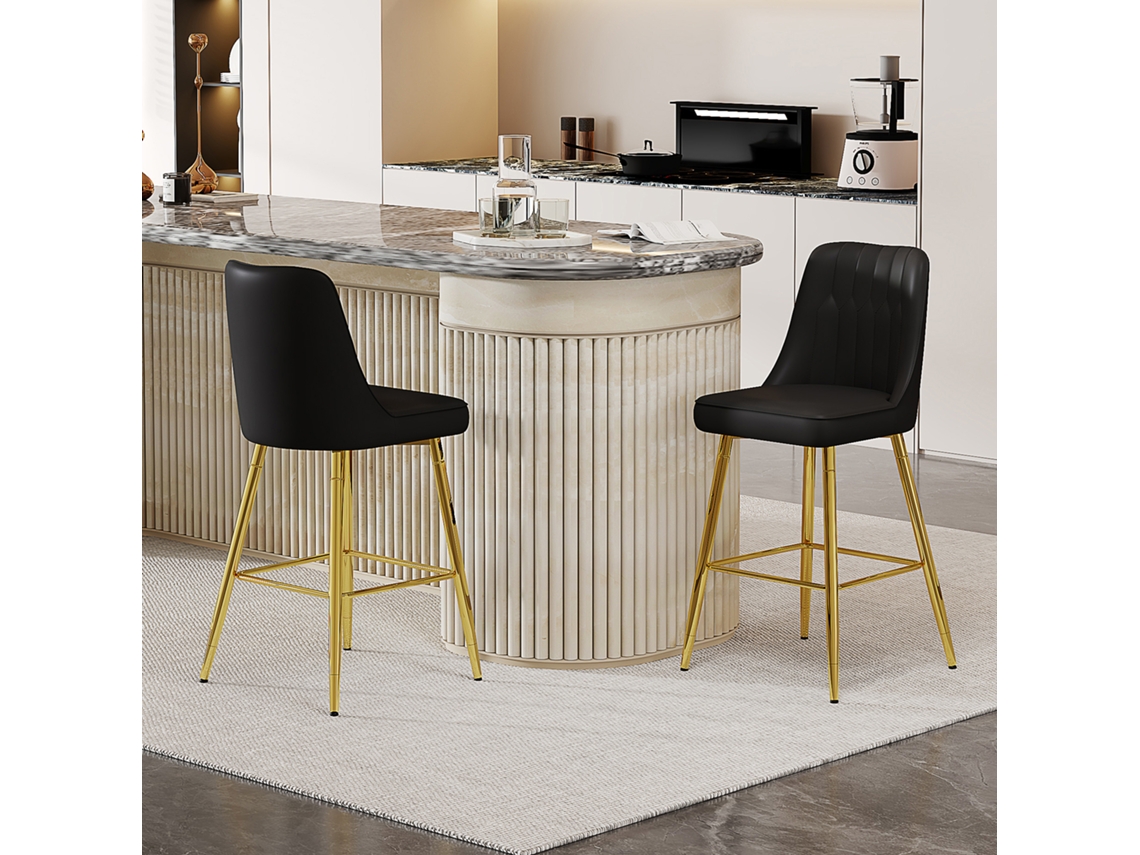 Conjunto 2 Banquetas Bar 100cm Couro Pu Preto Dourado