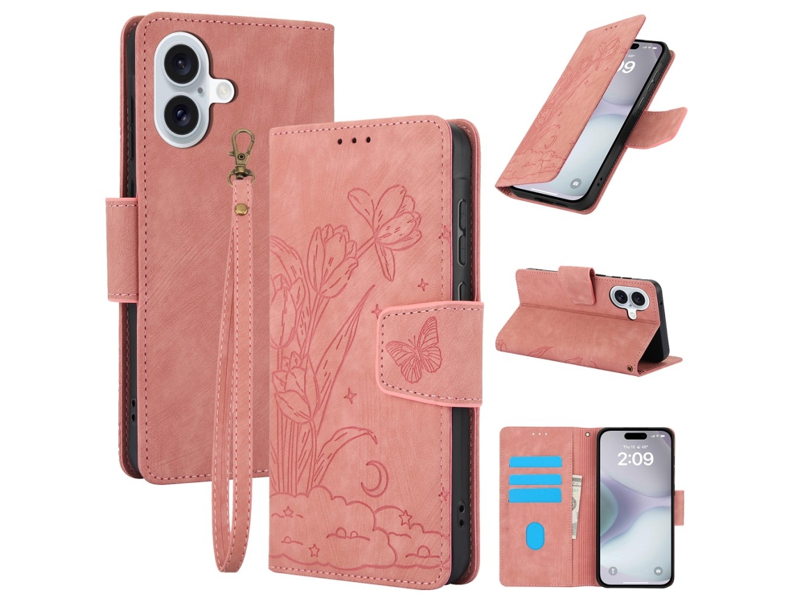 Capa Em Couro Pu Com Pega, Para Apple Iphone 16 Rosa