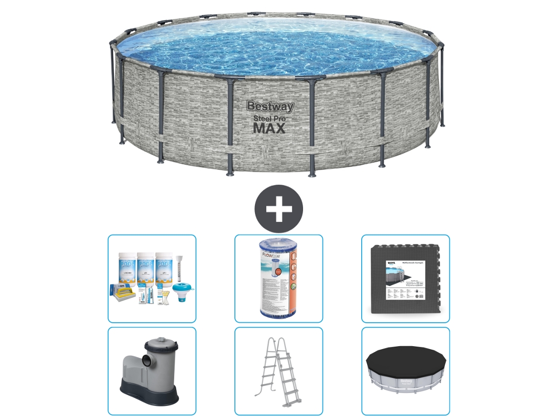 Piscina BESTWAY Round Steel Pro Max Impressão em Pedra 488 X 122 Cm Incluindo Bomba Escada Cobertura Acessórios Cb31