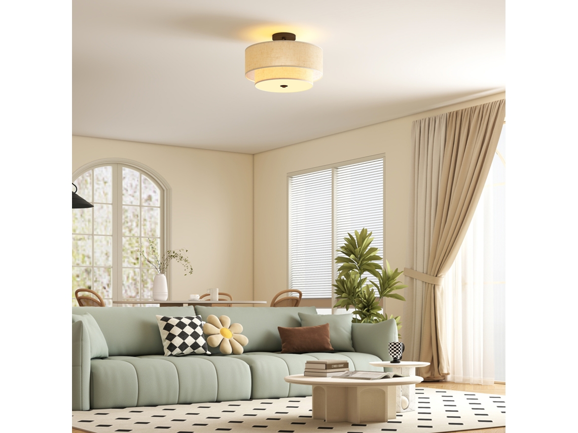 Luminária De Teto Pendente Com Cúpulas Duplas Em Estilo Linho, Branco Creme.