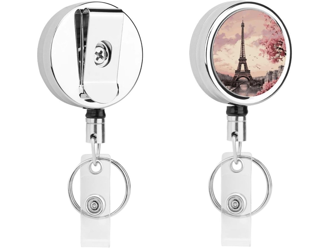 Porta Crachá Retrátil Redondo Com A Torre De Paris, Estilo Romântico, Em Aço Inoxidável, Com Clipe Crachá