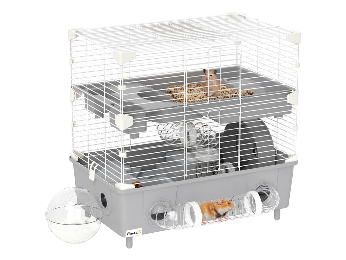 Gaiola 2 Níveis E 3 Portas Com Roda E Tubos Em Aço, Ps E Pp, 44,5x28x44 Cm, Cinzento E Branco