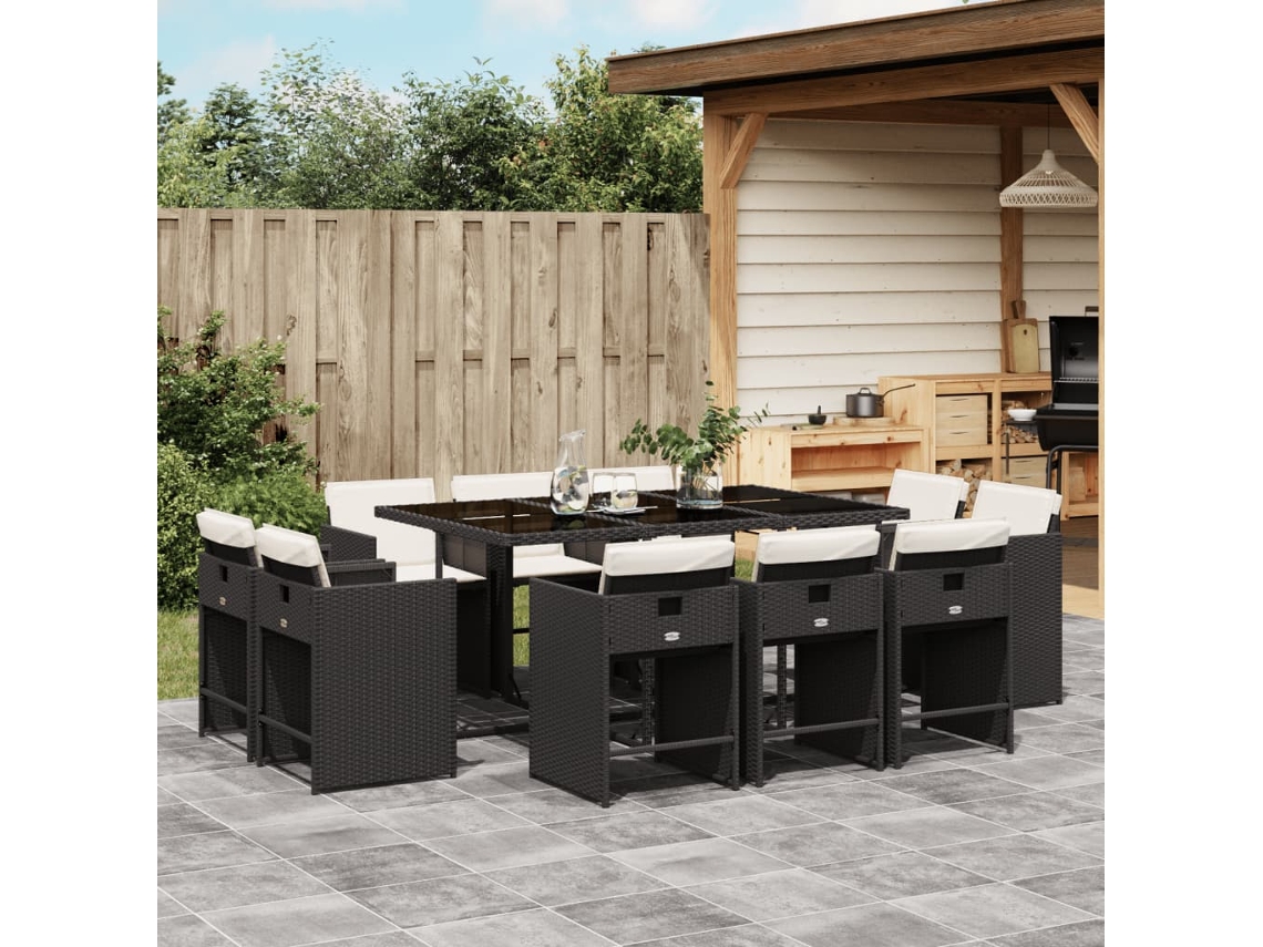 Vidaxl 11 Pcs Conjunto De Jantar P/ Jardim C/ Almofadões Vime Pe Preto