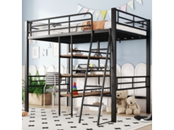 Cama Alta 90x200cm Preto Com Escrevente, Prateleiras E Escada Sem Colchão