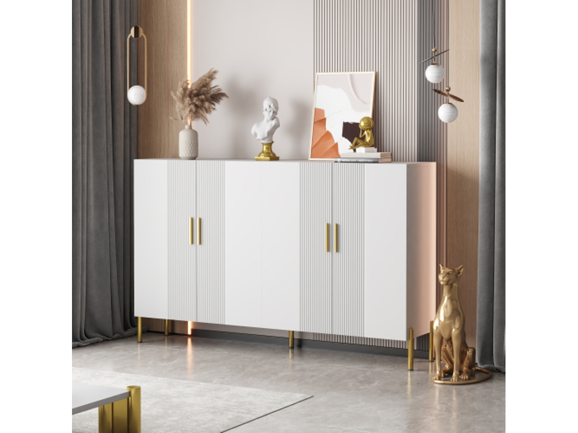 Armário de Sala de Jantar BTFORUS Moderno e Simples em Branco Fosco, multifuncional, 4 Portas, decoração Dourada (160x35x100 cm)