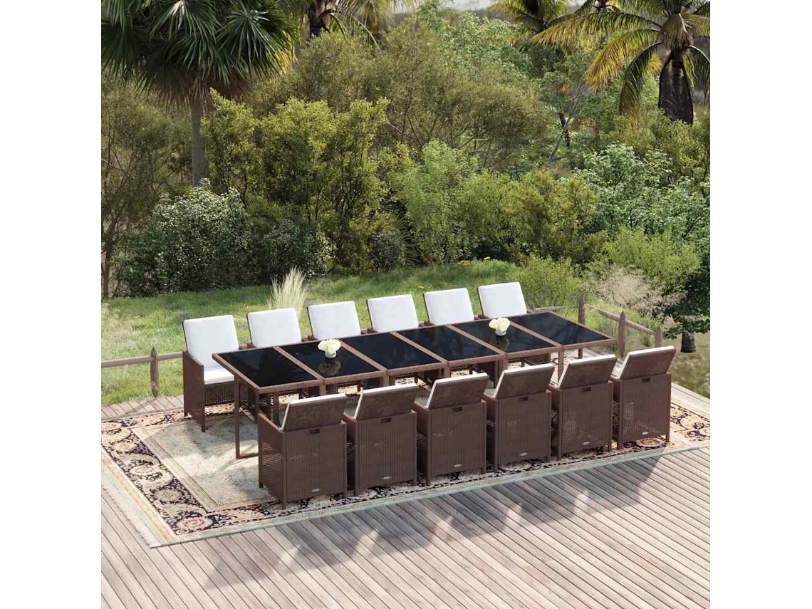 Vidaxl 13 Pcs Conjunto Jantar P/ Jardim C/ Almofadões Vime Pe Castanho