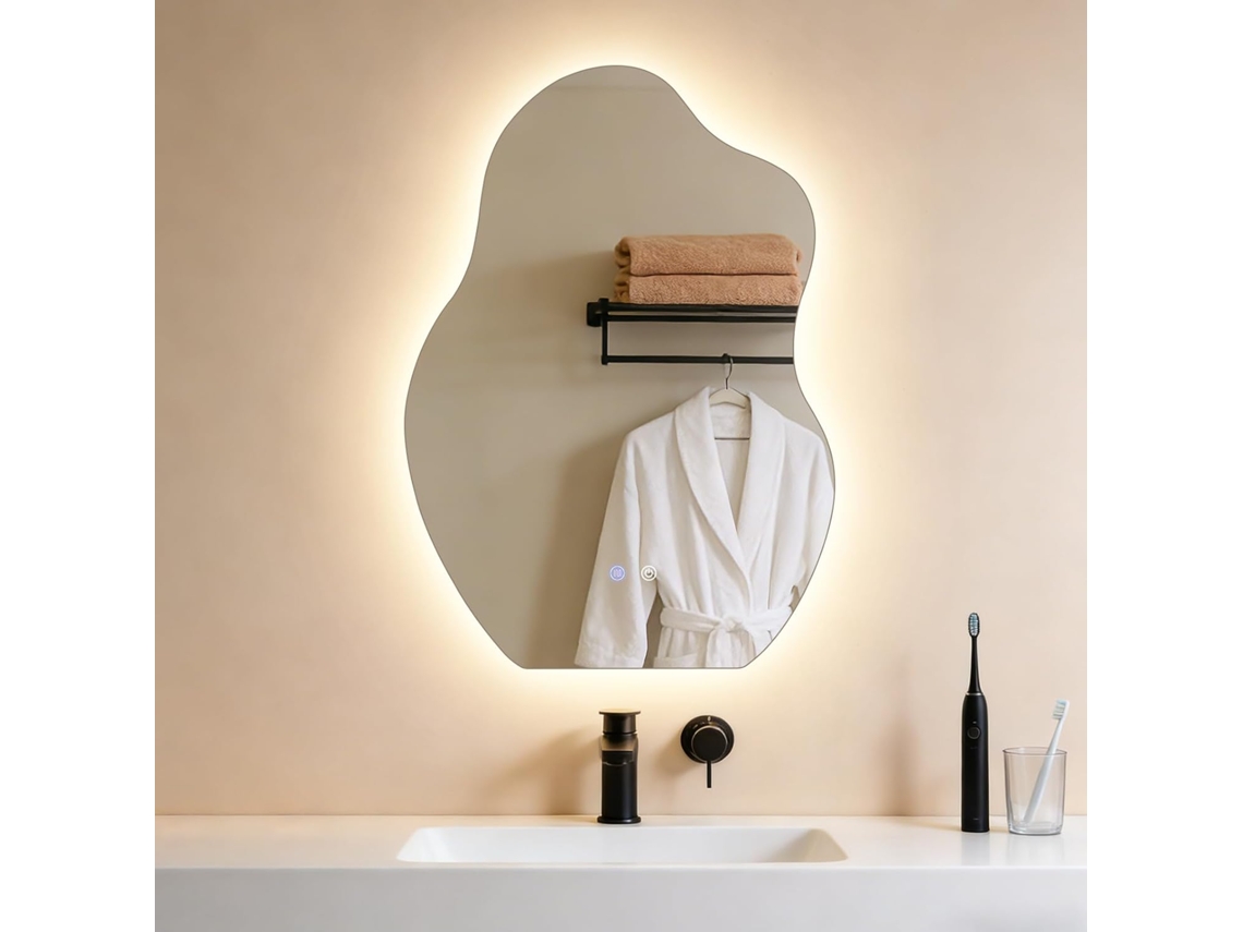 Espelho Banheiro Led Assimétrico 50x70cm, Touch, Desembaciador, Regulável 3000-6500k, Ip44, Parede.