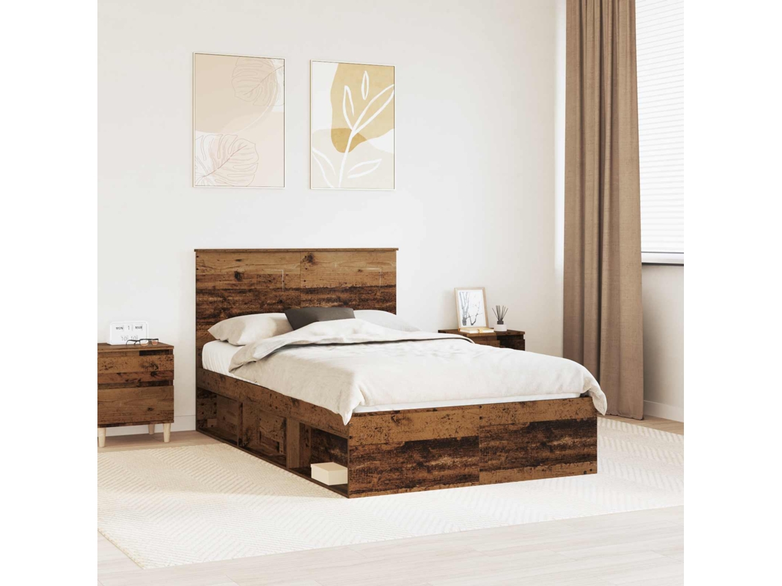 Vidaxl Estrutura Da Cama Com Gaveta Liso Madeira Antiga 135 X 190 Cm