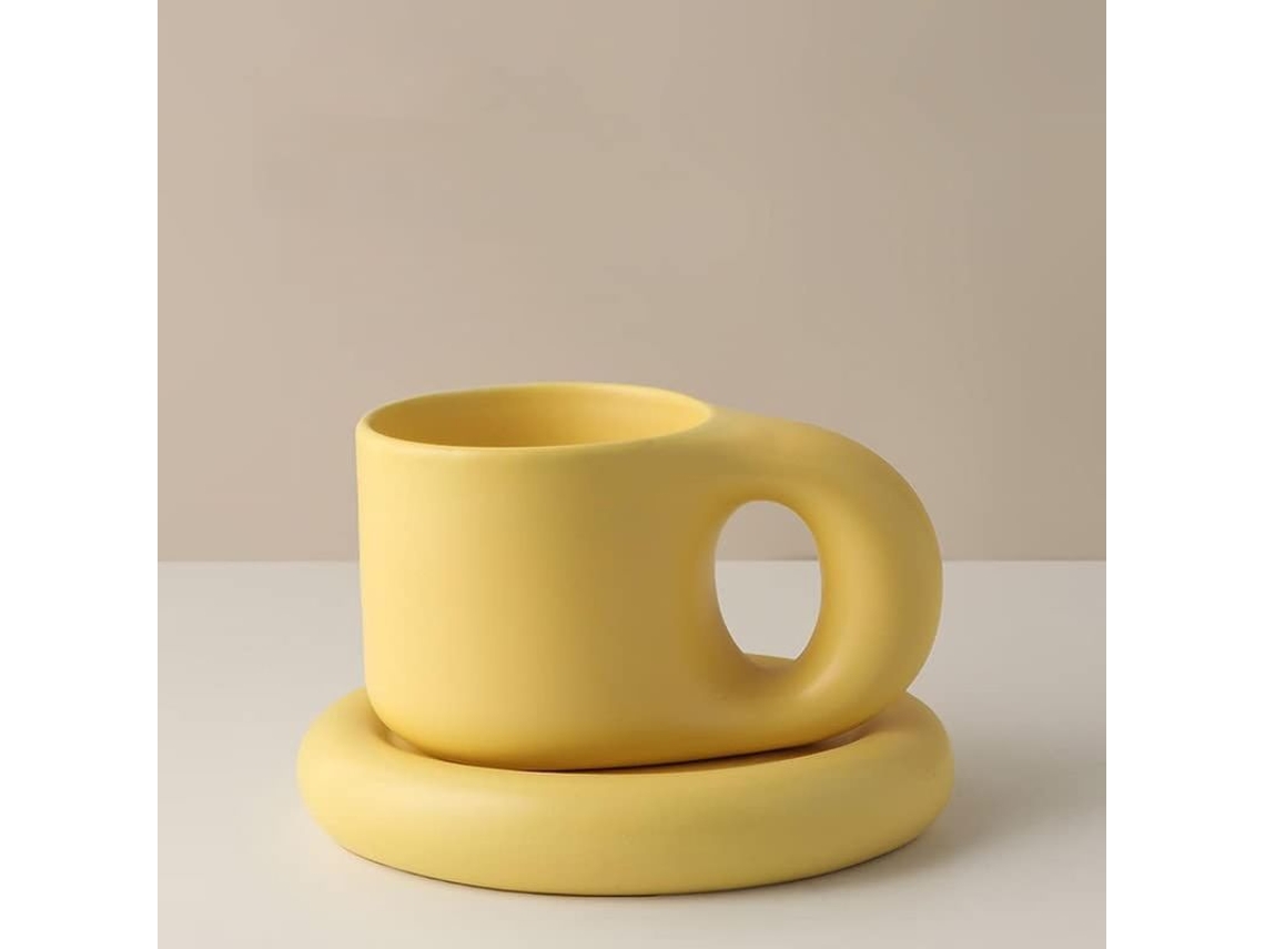 2026 set de Taza de Cerámica Con Plato, Taza Artesanal de Porcelana Con Mango Ancho 300ml Macaroon