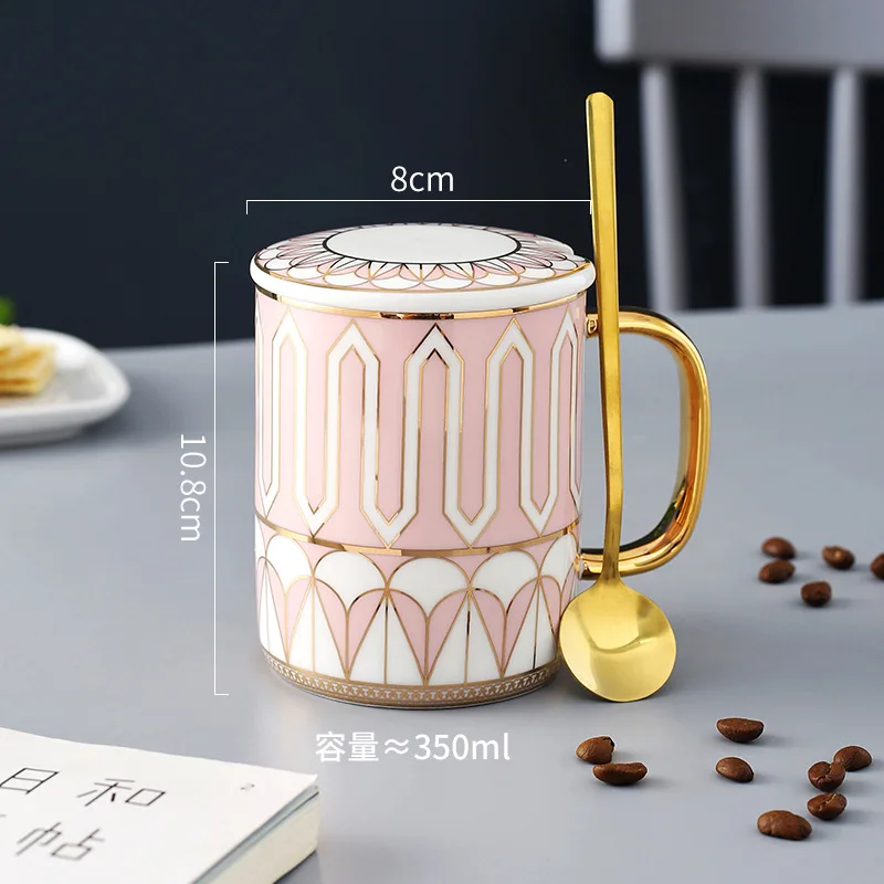 Caneca de Café de Cerâmica Criativa em Estilo Inglês com Borda Dourada e Tampa, Caneca para Chá de Escritório MDUG (estilo F 350ml)