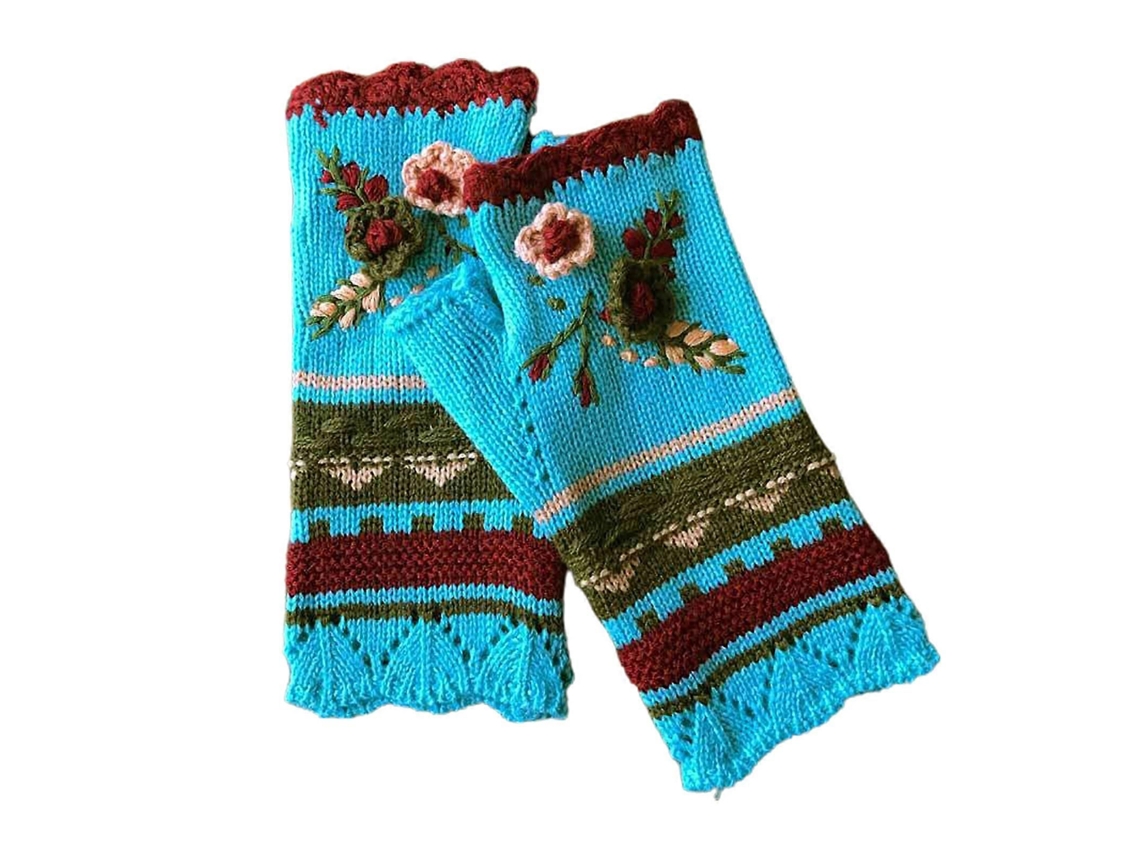 Luvas de Inverno Sem Dedos na Moda para Mulheres Aquecedores de Pulso de Malha com Bordado Floral Amarelo TAISHENGDA