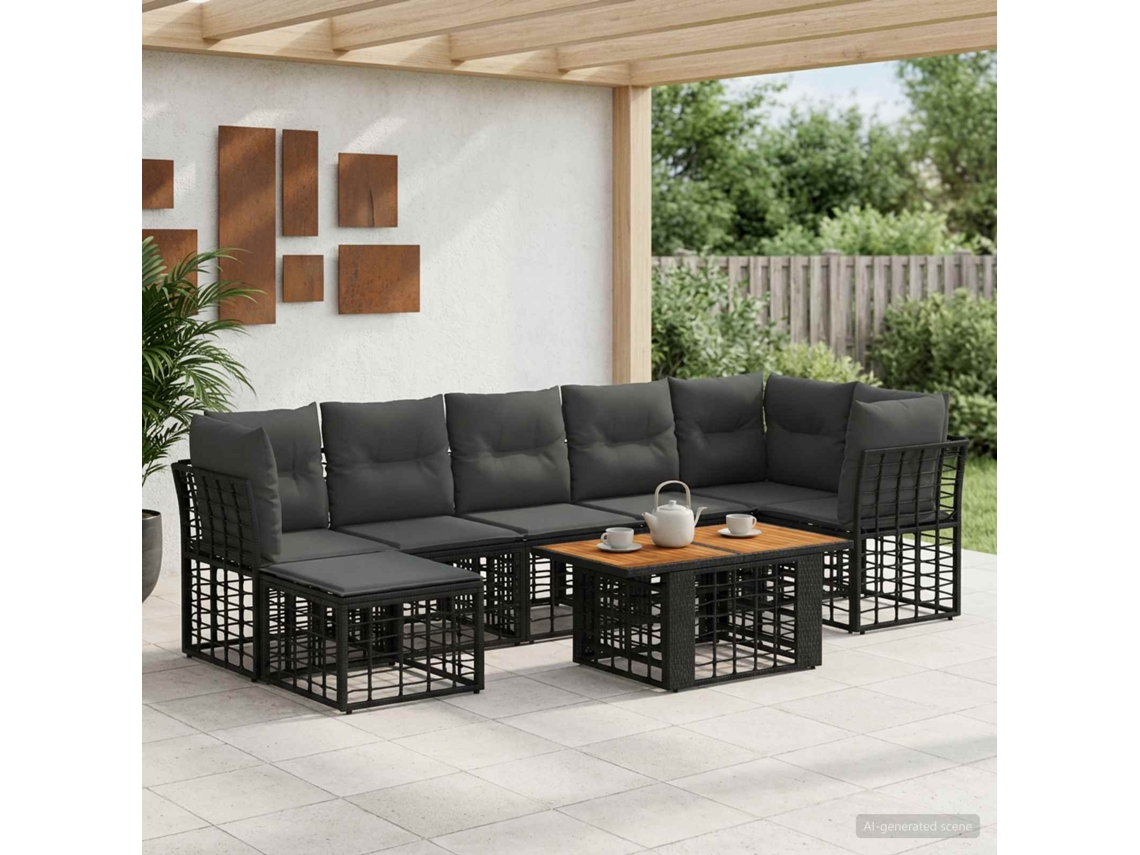 Vidaxl Conjunto De Sofá De Jardim 8 Unid. Preto E Cinza Escuro Vime Pe