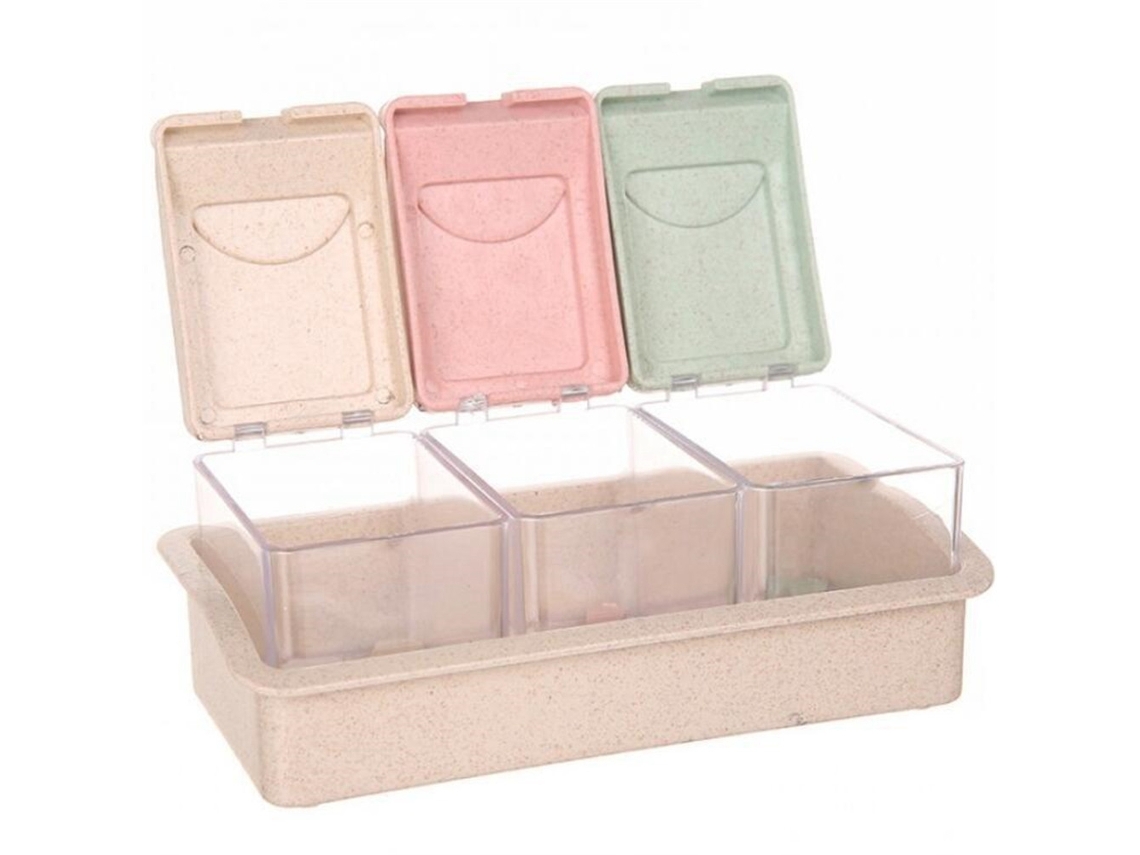 Porta-tempero colorido com 3 compartimentos e colher